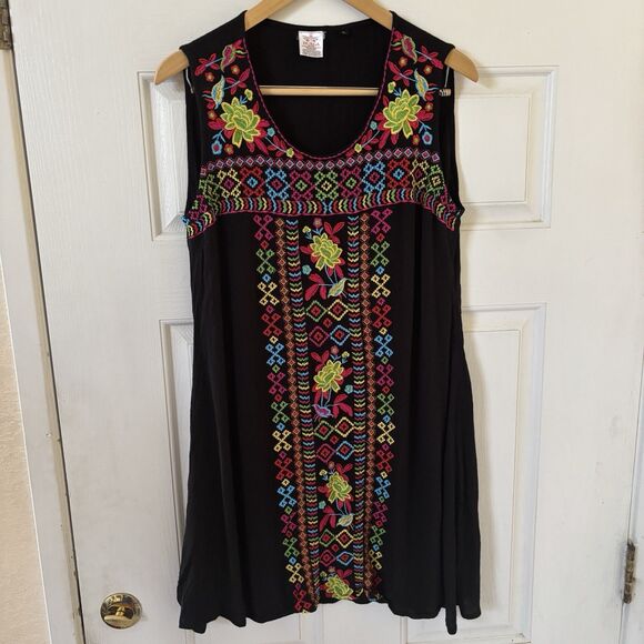 Embroidered Mexican Women Midi Dress Colorful Sleeveless Black L Bohemian Floral - Picture 2 of 10